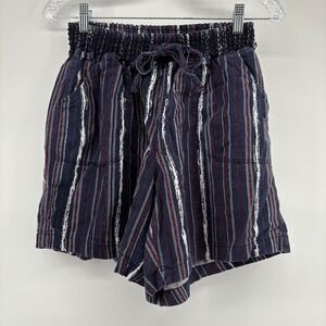 HANNAH Women L Navy Red Striped Smocked Waist Drawstring‎ Shorts Linen Blend